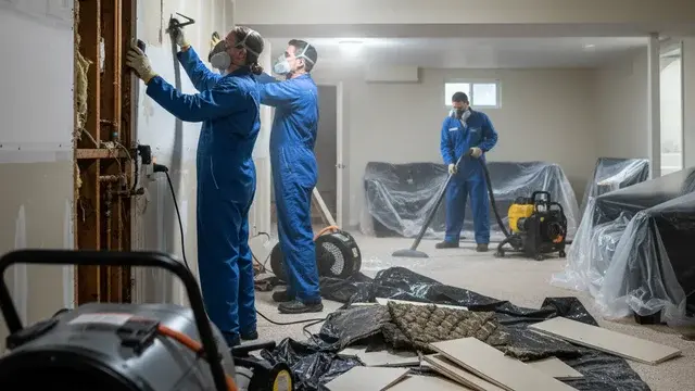 Burst pipe water damage cleanup in a Baltimore home with technicians and extraction equipment