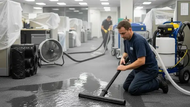 Emergency water extraction technician with commercial extractor in a Baltimore home
