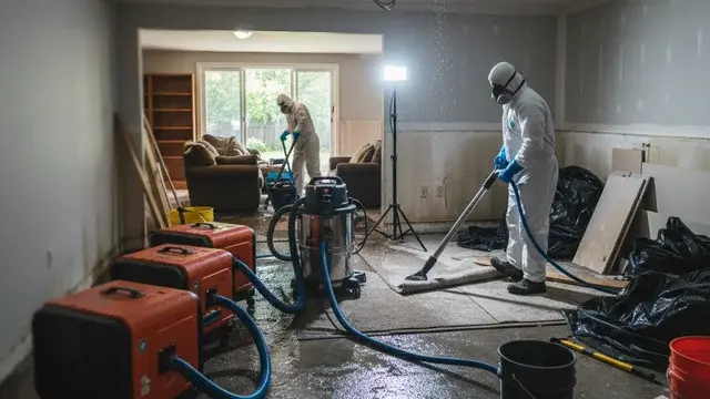 Flood damage cleanup technician with industrial drying equipment in Baltimore, MD